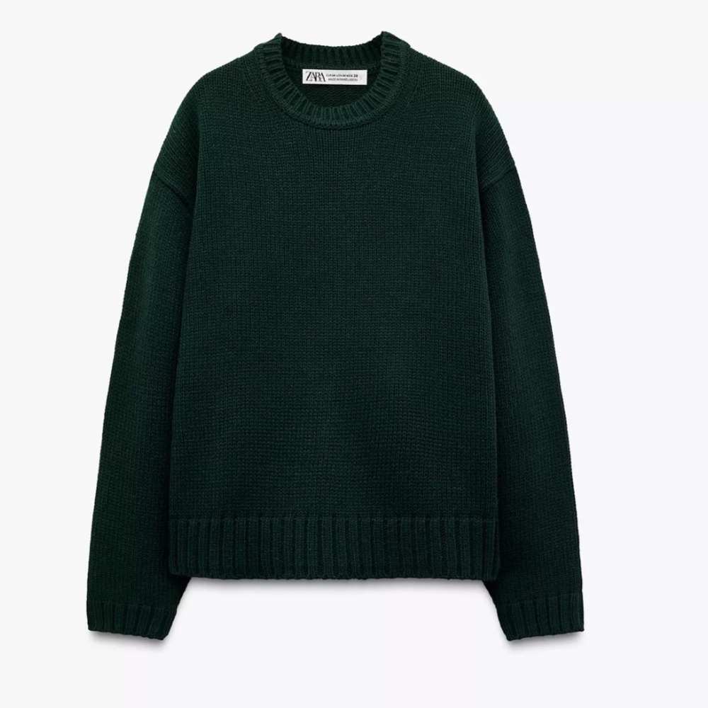 Zara Womens Forest Green Ribbed Oversized Crew Neck Knit Sweater Side Slits M